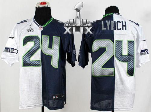  Seahawks #24 Marshawn Lynch White/Steel Blue Super Bowl XLIX Men's Stitched NFL Elite Split Jersey