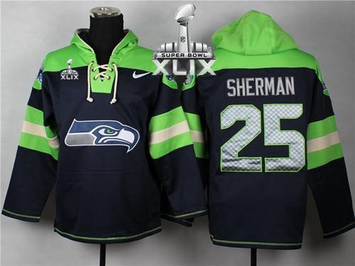  Seahawks #25 Richard Sherman Navy Blue Super Bowl XLIX Player Pullover NFL Hoodie