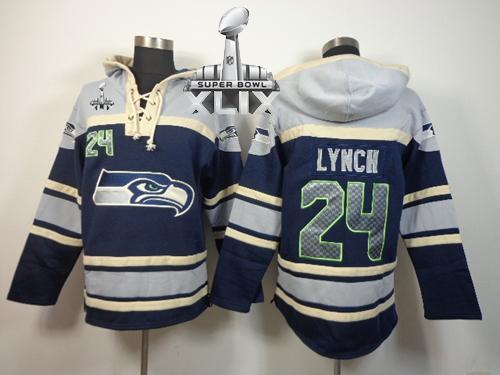  Seahawks #24 Marshawn Lynch Navy Blue Super Bowl XLIX Sawyer Hooded Sweatshirt NFL Hoodie