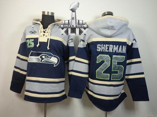  Seahawks #25 Richard Sherman Navy Blue Super Bowl XLIX Sawyer Hooded Sweatshirt NFL Hoodie