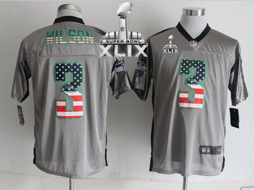  Seahawks #3 Russell Wilson Grey Super Bowl XLIX Men's Stitched NFL Elite USA Flag Fashion Jersey