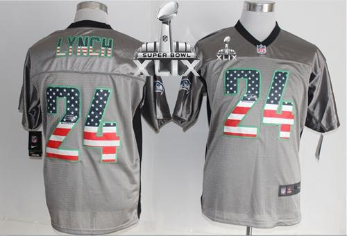  Seahawks #24 Marshawn Lynch Grey Super Bowl XLIX Men's Stitched NFL Elite USA Flag Fashion Jersey