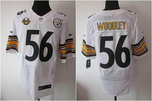  Steelers #56 LaMarr Woodley White With 80TH Patch Men's Stitched NFL Elite Jersey