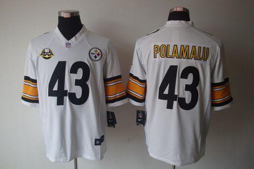  Steelers #43 Troy Polamalu White With 80TH Patch Men's Stitched NFL Limited Jersey
