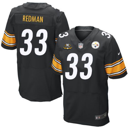  Steelers #33 Isaac Redman Black Team Color With 80TH Patch Men's Stitched NFL Elite Jersey