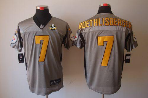  Steelers #7 Ben Roethlisberger Grey Shadow With 80TH Patch Men's Stitched NFL Elite Jersey