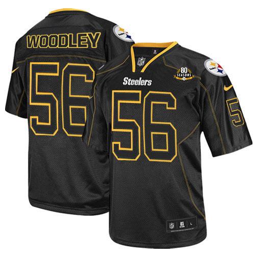  Steelers #56 LaMarr Woodley Lights Out Black With 80TH Patch Men's Stitched NFL Elite Jersey