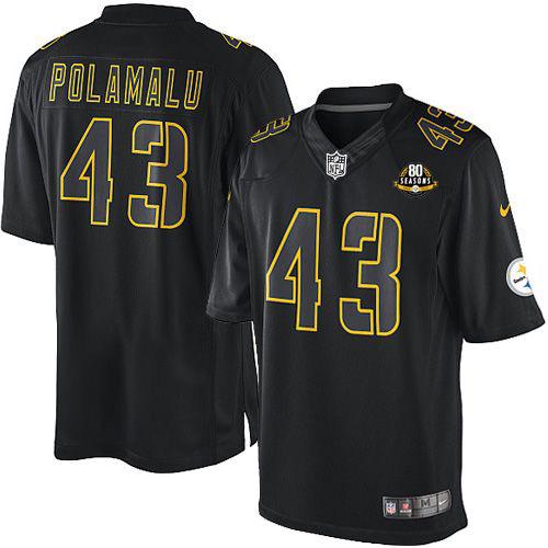  Steelers #43 Troy Polamalu Black With 80TH Patch Men's Stitched NFL Impact Limited Jersey