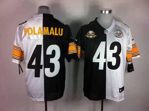  Steelers #43 Troy Polamalu White/Black With 80TH Patch Men's Stitched NFL Elite Split Jersey