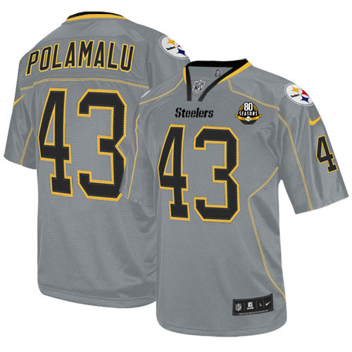 Steelers #43 Troy Polamalu Lights Out Grey With 80TH Patch Men's Stitched NFL Elite Jersey