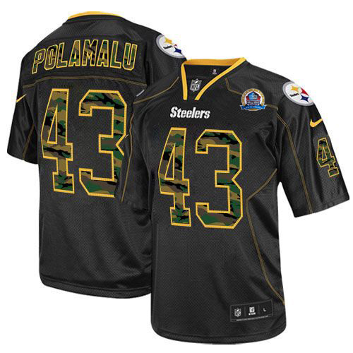  Steelers #43 Troy Polamalu Black With Hall of Fame 50th Patch Men's Stitched NFL Elite Camo Fashion Jersey