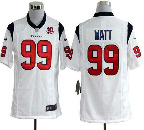  Texans #99 J.J. Watt White With 10th Patch Men's Stitched NFL Game Jersey