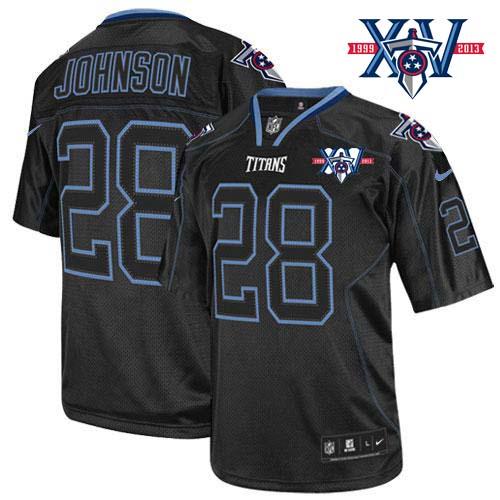  Titans #28 Chris Johnson Lights Out Black With 15th Season Patch Men's Stitched NFL Elite Jersey