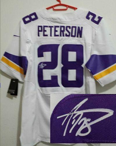  Vikings #28 Adrian Peterson White Men's Stitched NFL Elite Autographed Jersey
