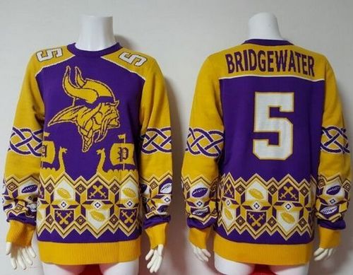  Vikings #5 Teddy Bridgewater Purple/Yellow Men's Ugly Sweater