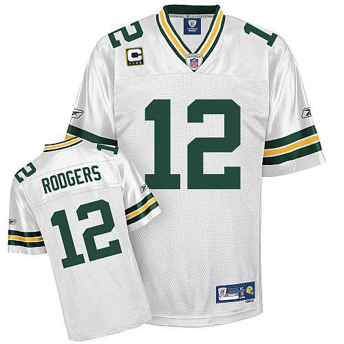 Packers #12 Aaron Rodgers White With C patch Stitched NFL Jersey