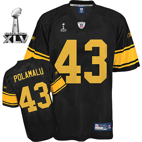 Steelers #43 Troy Polamalu Black With Yellow Number Super Bowl XLV Stitched NFL Jersey
