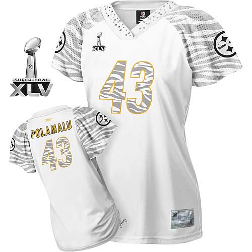 Steelers #43 Troy Polamalu White Women's Zebra Field Flirt Super Bowl XLV Stitched NFL Jersey