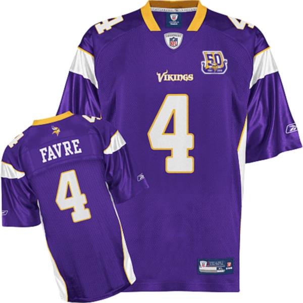 Vikings #4 Brett Favre Purple Team 50TH Patch Stitched NFL Jersey