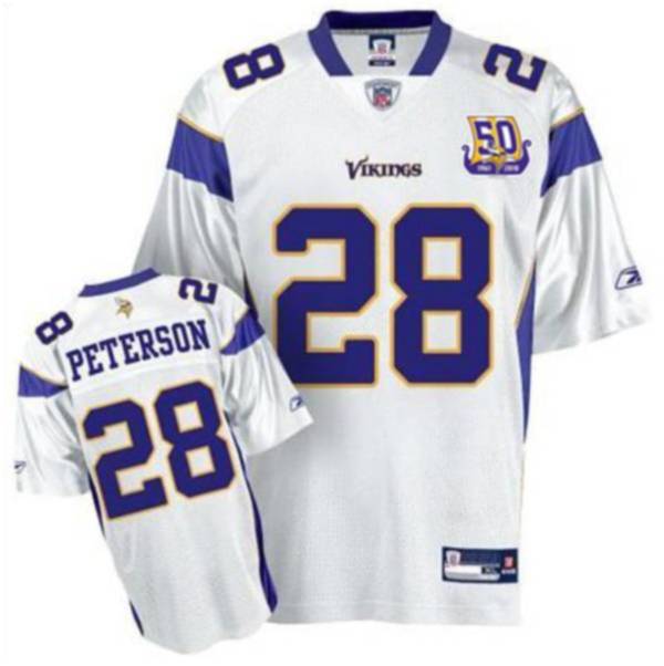 Vikings #28 Adrian Peterson White Team 50TH Patch Stitched NFL Jersey