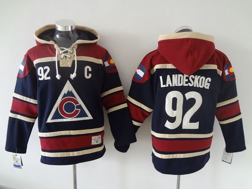 Avalanche #92 Gabriel Landeskog Navy Blue Sawyer Hooded Sweatshirt Stitched NHL Jersey
