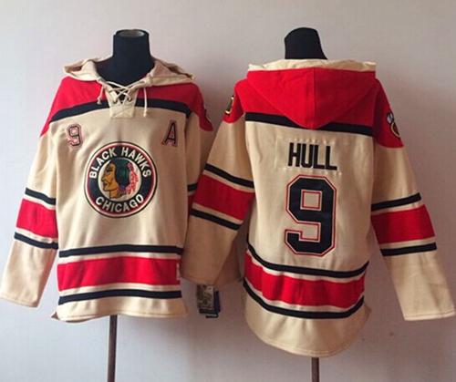 Blackhawks #9 Bobby Hull Cream Sawyer Hooded Sweatshirt Stitched NHL Jersey