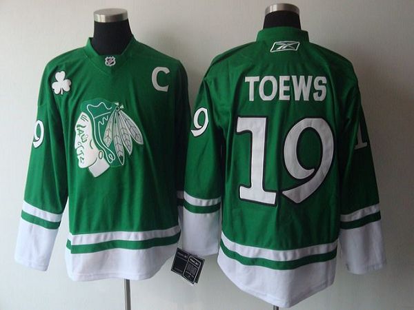 Blackhawks #19 Jonathan Toews Green St. Patty's Day Stitched NHL Jersey