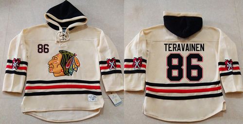 Blackhawks #86 Teuvo Teravainen Cream Heavyweight Pullover Hoodie Stitched NHL Jersey