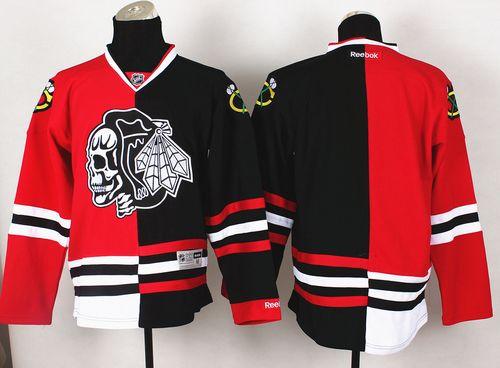 Blackhawks Blank Red/Black Split White Skull Stitched NHL Jersey