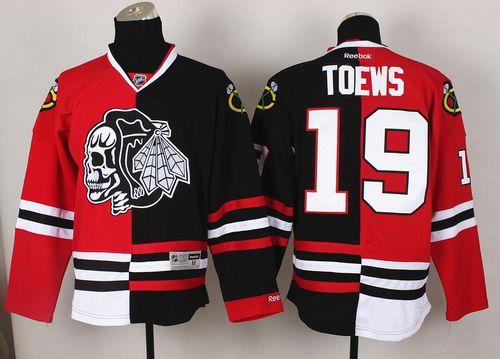 Blackhawks #19 Jonathan Toews Red/Black Split White Skull Stitched NHL Jersey