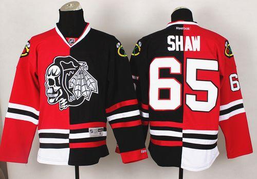 Blackhawks #65 Andrew Shaw Red/Black Split White Skull Stitched NHL Jersey