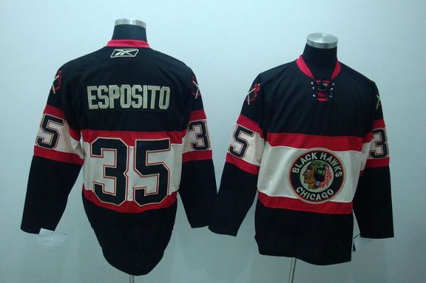 Blackhawks #35 Tony Esposito Stitched Black New Third NHL Jersey