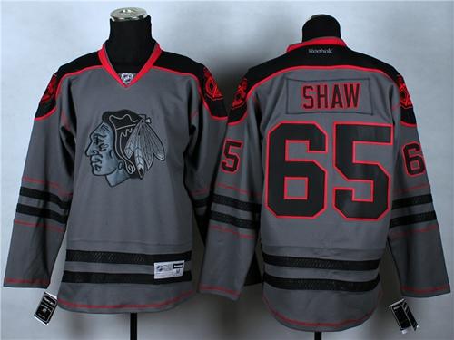 Blackhawks #65 Andrew Shaw Charcoal Cross Check Fashion Stitched NHL Jersey