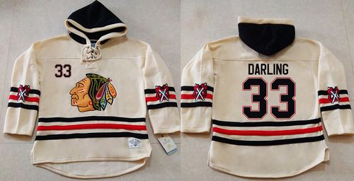 Blackhawks #33 Scott Darling Cream Heavyweight Pullover Hoodie Stitched NHL Jersey