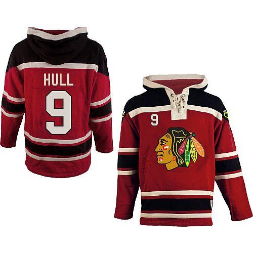 Blackhawks #9 Bobby Hull Red Sawyer Hooded Sweatshirt Stitched NHL Jersey