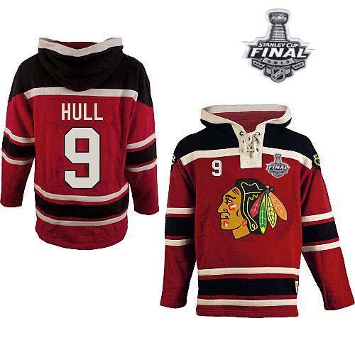Blackhawks #9 Bobby Hull Red Sawyer Hooded Sweatshirt With Stanley Cup Finals Stitched NHL Jersey