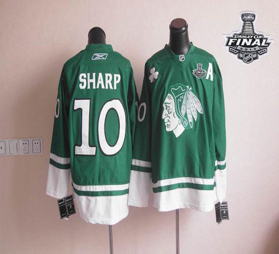 Blackhawks St Patty's Day #10 Patrick Sharp Green With Stanley Cup Finals Stitched NHL Jersey