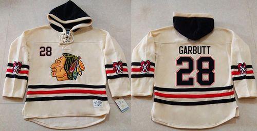 Blackhawks #28 Ryan Garbutt Cream Heavyweight Pullover Hoodie Stitched NHL Jersey