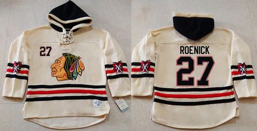 Blackhawks #27 Jeremy Roenick Cream Heavyweight Pullover Hoodie Stitched NHL Jersey
