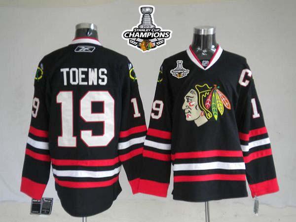 Blackhawks #19 Jonathan Toews Stitched Black Stanley Cup Champions NHL Jersey