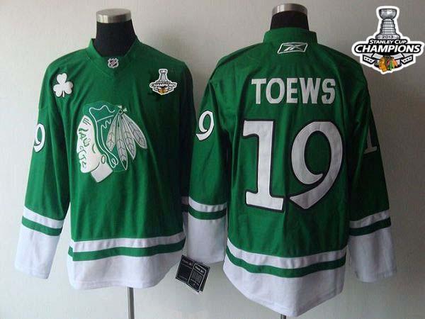 Blackhawks #19 Jonathan Toews Green St. Patty's Day Stitched Stanley Cup Champions NHL Jersey
