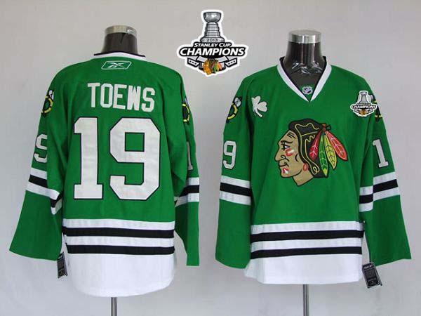 Blackhawks #19 Jonathan Toews Green Stitched Stanley Cup Champions NHL Jersey