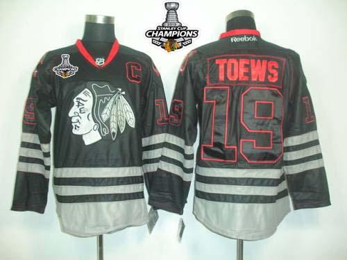 Blackhawks #19 Jonathan Toews Black Ice Stitched Stanley Cup Champions NHL Jersey
