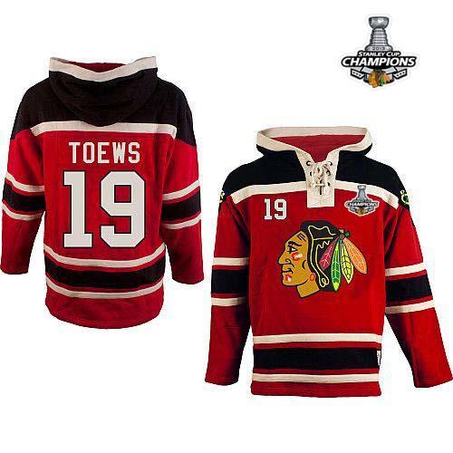 Blackhawks #19 Jonathan Toews Red Sawyer Hooded Sweatshirt Stitched Stanley Cup Champions NHL Jersey