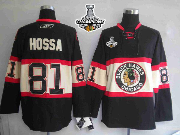 Blackhawks #81 Marian Hossa Stitched Black New Third Stanley Cup Champions NHL Jersey