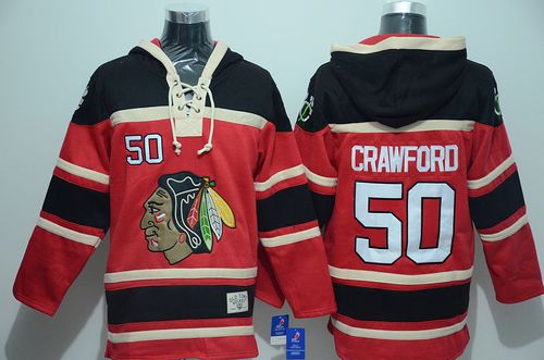 Blackhawks #50 Corey Crawford Red Sawyer Hooded Sweatshirt Stitched NHL Jersey