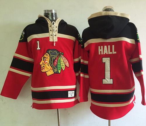 Blackhawks #1 Glenn Hall Red Sawyer Hooded Sweatshirt Stitched NHL Jersey