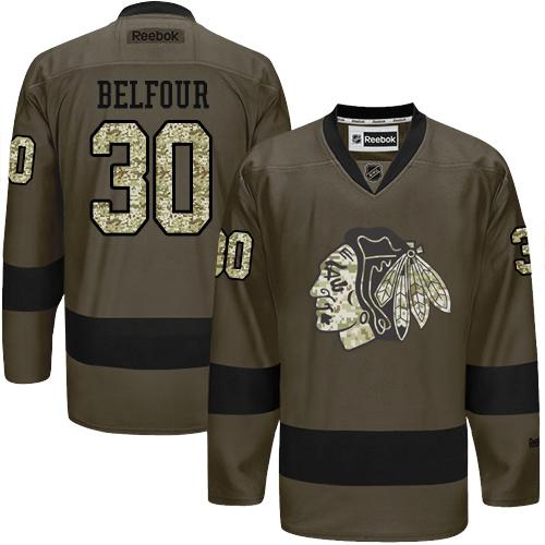 Blackhawks #30 ED Belfour Green Salute to Service Stitched NHL Jersey