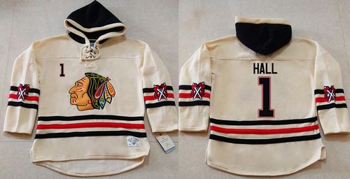 Blackhawks #1 Glenn Hall Cream Heavyweight Pullover Hoodie Stitched NHL Jersey
