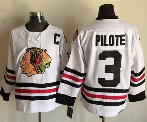 Blackhawks #3 Pierre Pilote White CCM Throwback Stitched NHL Jersey